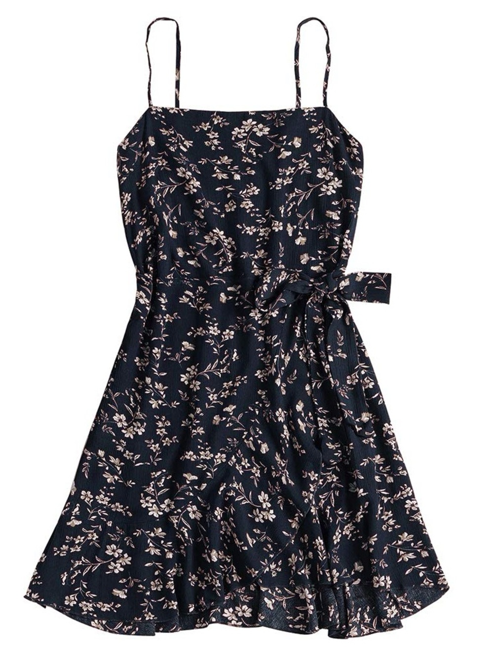 Zaful Navy Floral Spaghetti-Strap Dress with Blush Accents and Tie waist closure